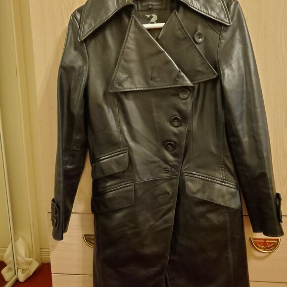 Vintage RUDSAK Black Leather Trench Coat | Double Breasted | Rare Est. 1994 Logo - Picture 1 of 7